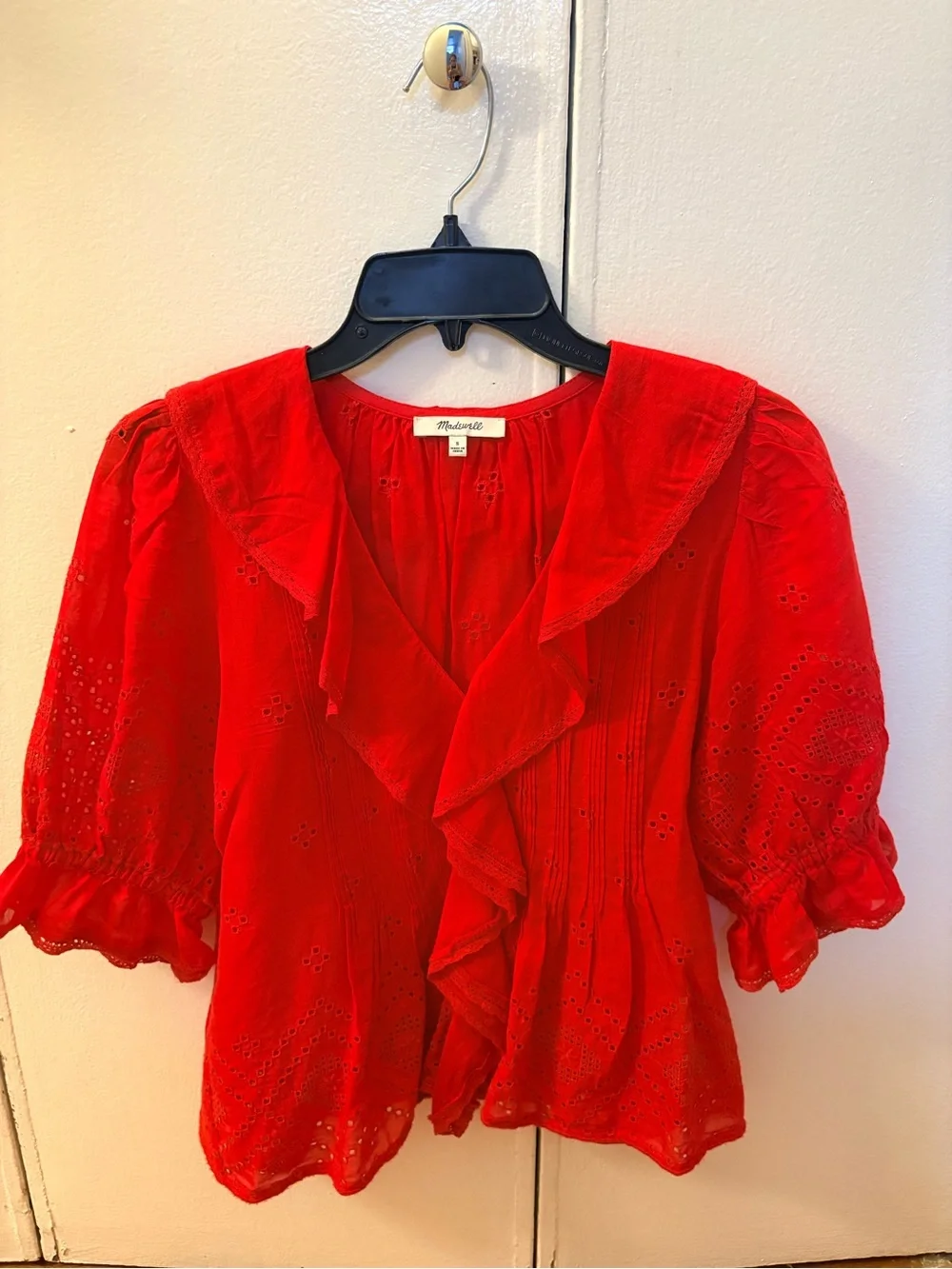 Madewell Ruffled Puff-Sleeve Top in Red Size Small